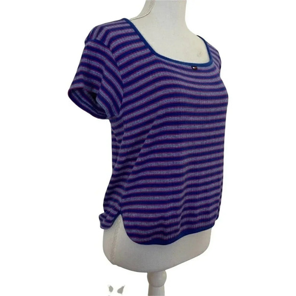 Tommy Hilfiger Tommy Jeans Striped T Shirt Y2K Womens Square Neck Logo Side Slit - Picture 2 of 7